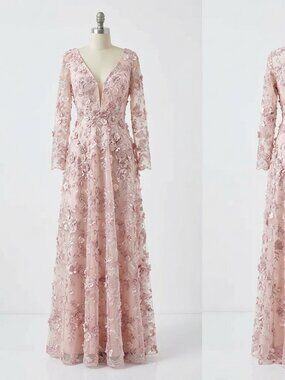 Mac Duggal Pink Floral Applique Long Sleeve Illusion Gown Size 2 NWT